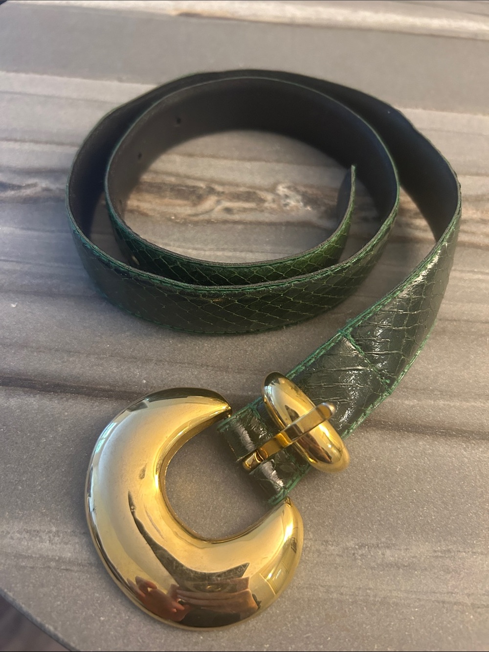 Magid Snakeskin Green Embossed Leather Belt with Gold Crescent Buckle Size S